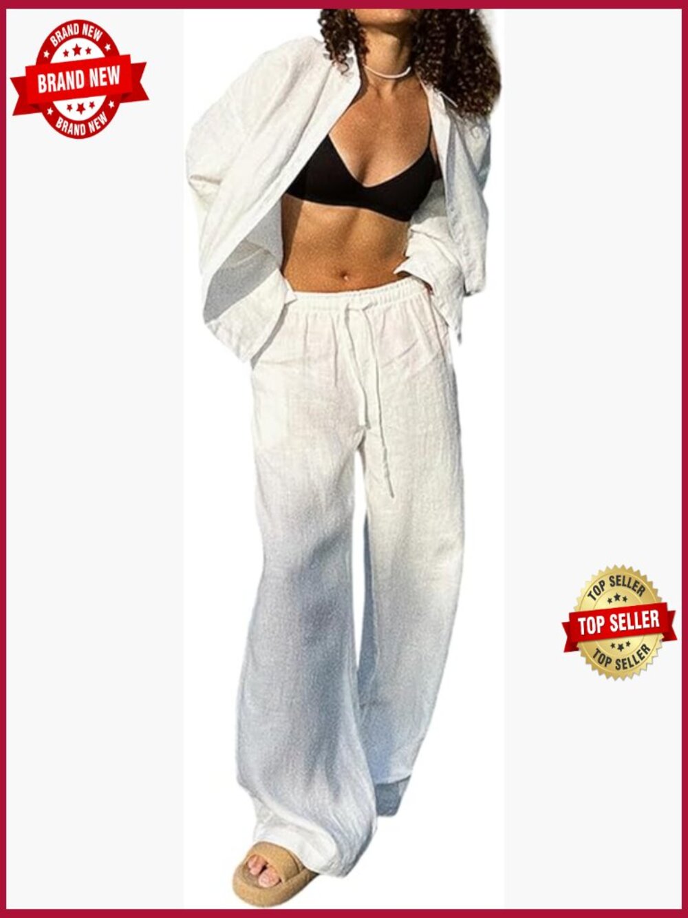 2 Piece Linen Sets Long Sleeve Button Down Shirt & Wide Leg Pants Lounge